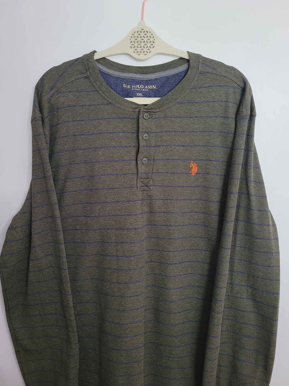 U.S. Polo Assn. Men's Green Waffle-Knit Striped Henley Sweater Long Sleeve 2XL